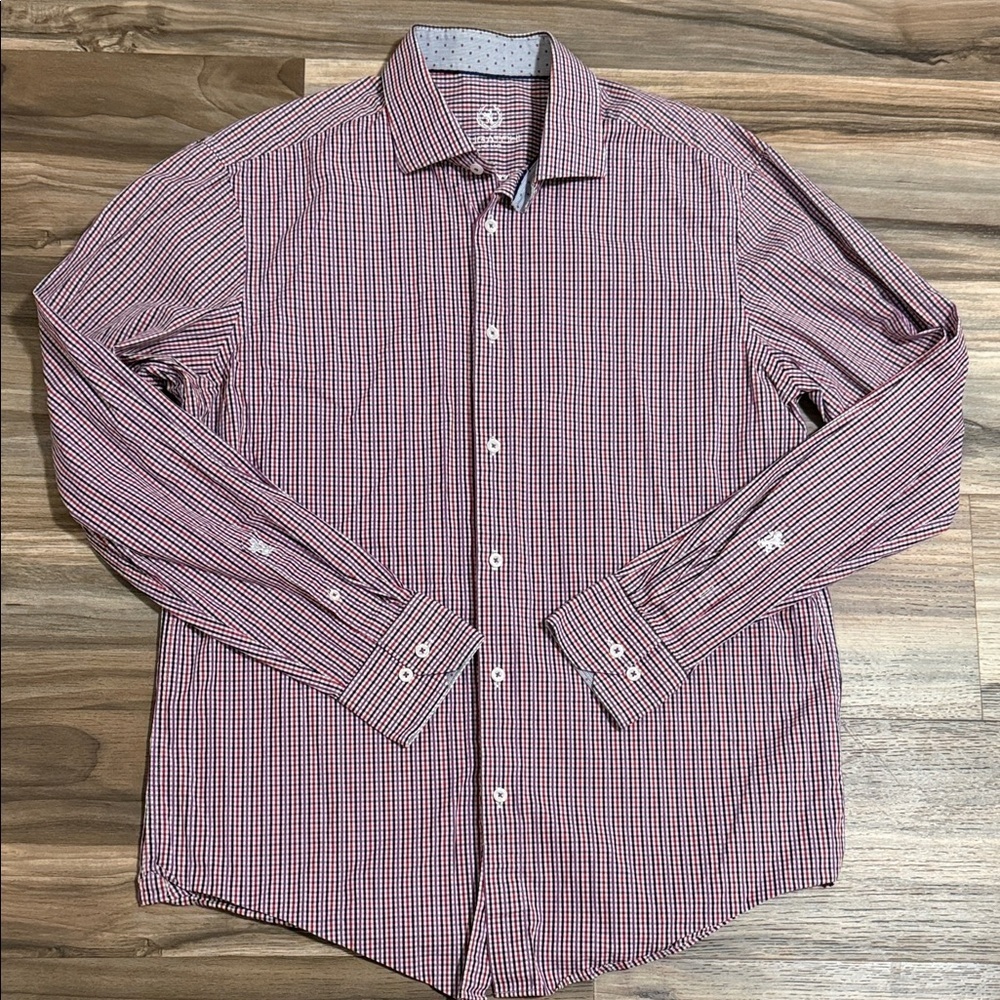 Bugatchi Men's Neck Size 17 L/S Button Down Shirt Purple Red Black Flip Cuff